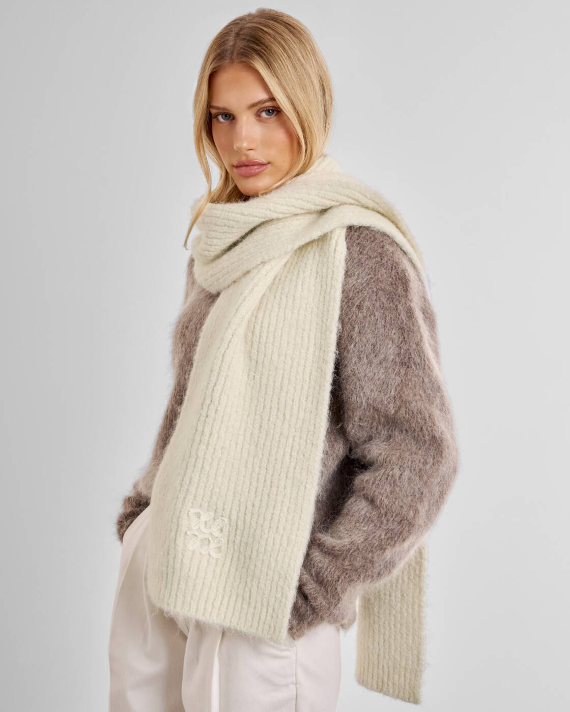 Katie Loxton Logo Appliqué Scarf Off White Taupe