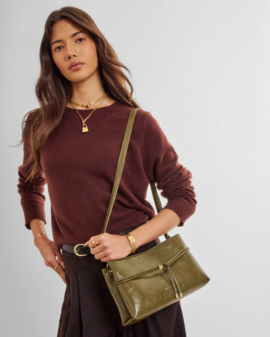 Katie Loxton Lori Crossbody Bag Deep Olive Patent Crackle