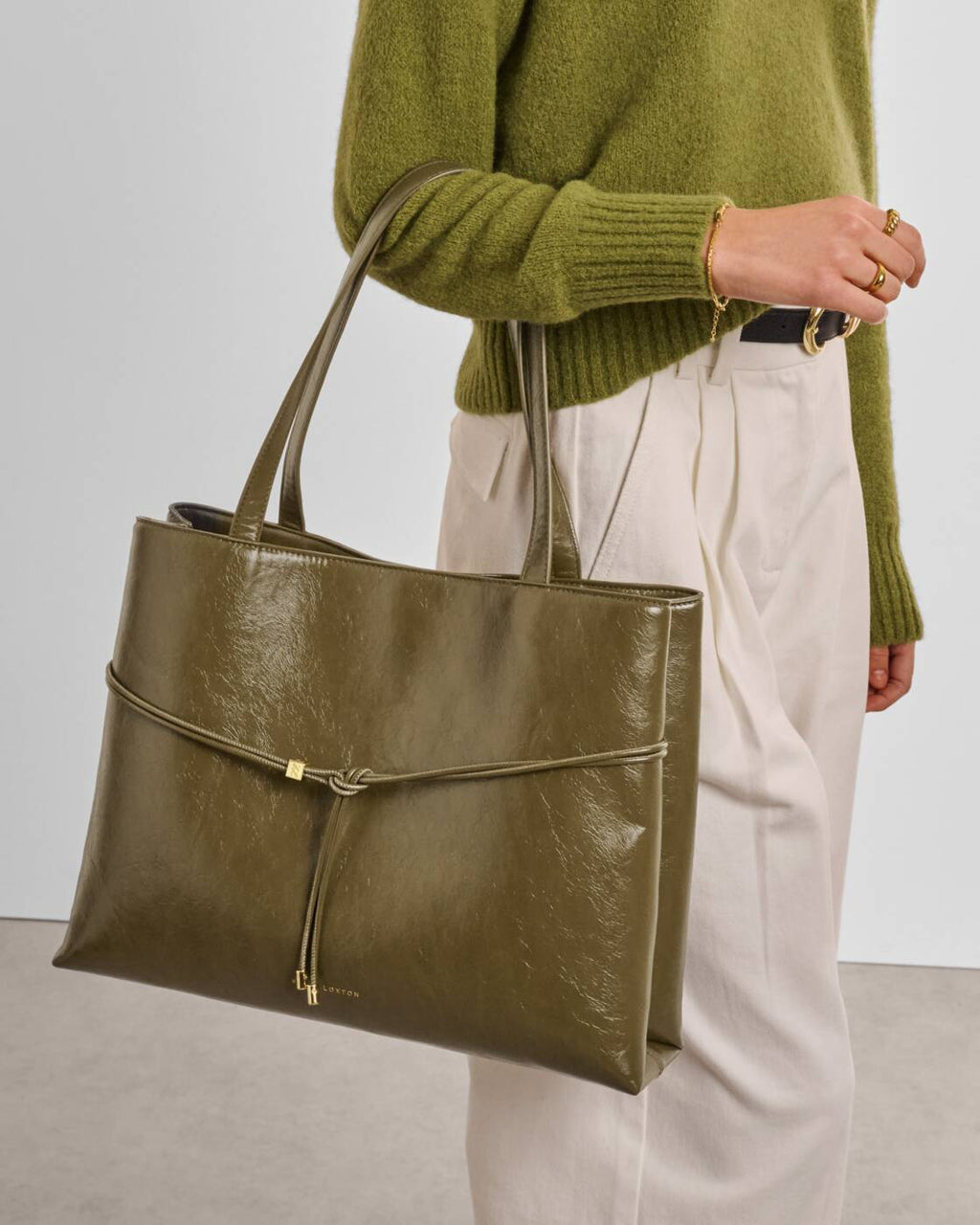 Katie Loxton Lori Tote Bag Deep Olive Patent Crackle