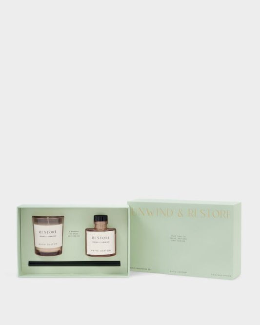 Katie Loxton Mini Votive And Mini Reed Diffuser Gift Set Unwind & Restore Fresh Fig & Wild Freesia