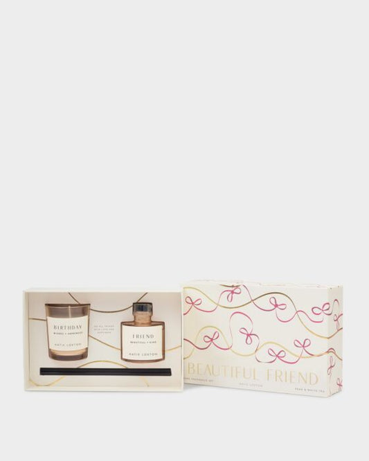 Katie Loxton Mini Votive And Mini Reed Diffuser Gift Set Beautiful Friend English Pear And White Tea