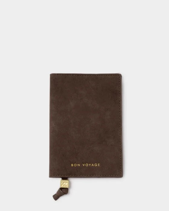 Katie Loxton Passport Cover Bon Voyage Chocolate Suedette