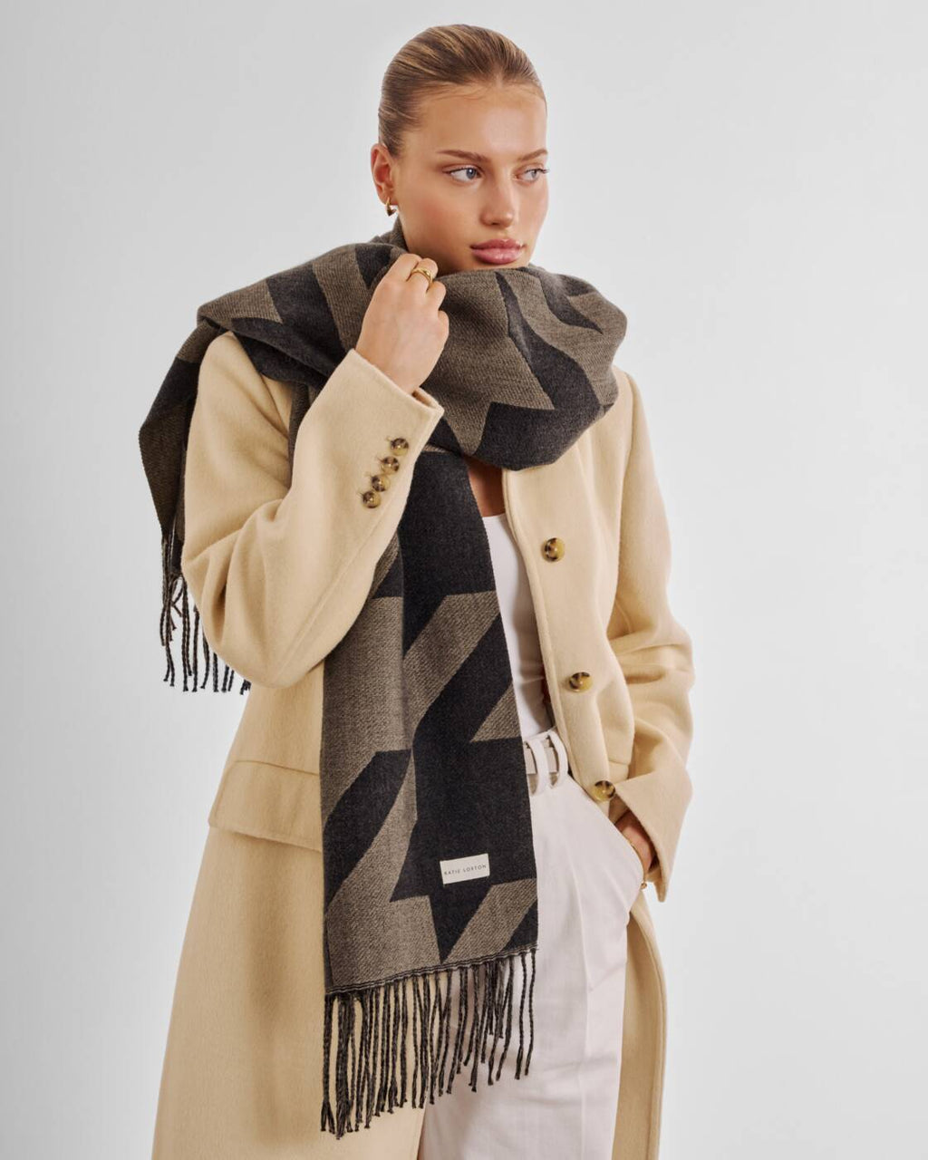 Katie Loxton Printed Blanket Scarf Houndstooth Taupe Black