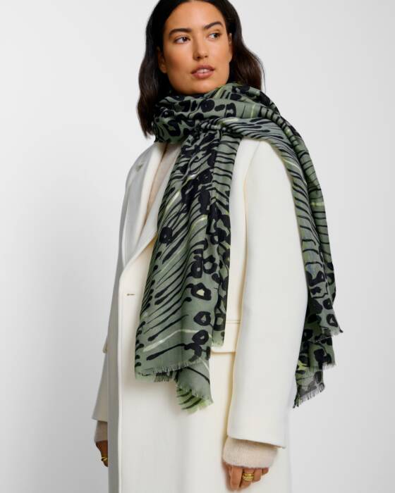 Katie Loxton Printed Foil Scarf Abstract Animal Graphite Green/Black/Silver Foil