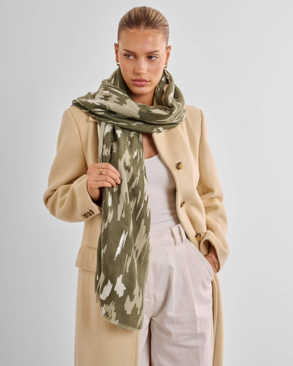 Katie Loxton Printed Foil Scarf Animal Olive Sand Sage Silver Foil