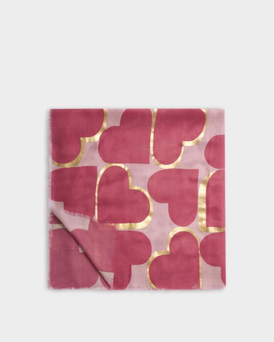 Katie Loxton Printed Foil Scarf Heart Tile Pink/Raspberry/Gold Foil