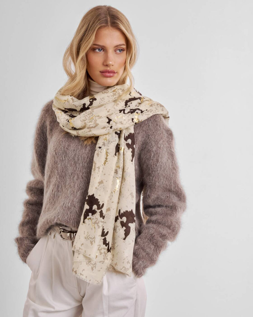Katie Loxton Printed Foil Scarf Snake Sand Taupe Chocolate Gold Foil