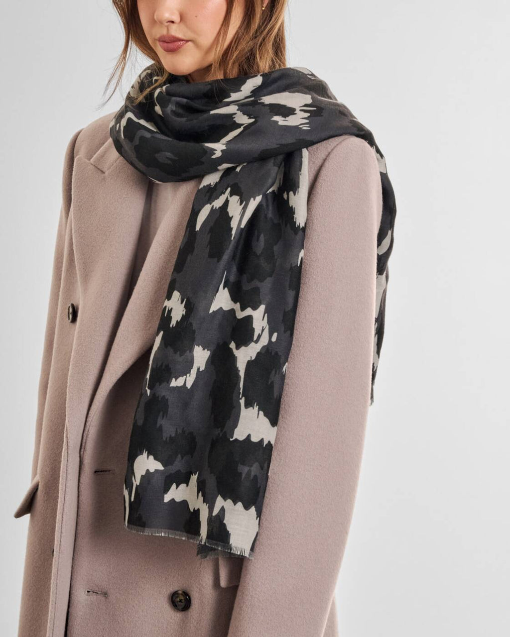 Katie Loxton Printed Scarf Brush Stroke Leopard Grey Black White