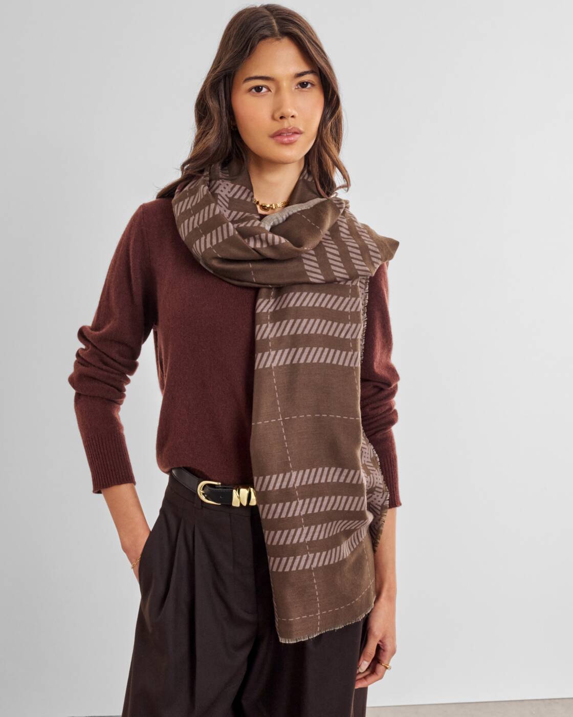 Katie Loxton Printed Scarf Check Dark Brown Taupe