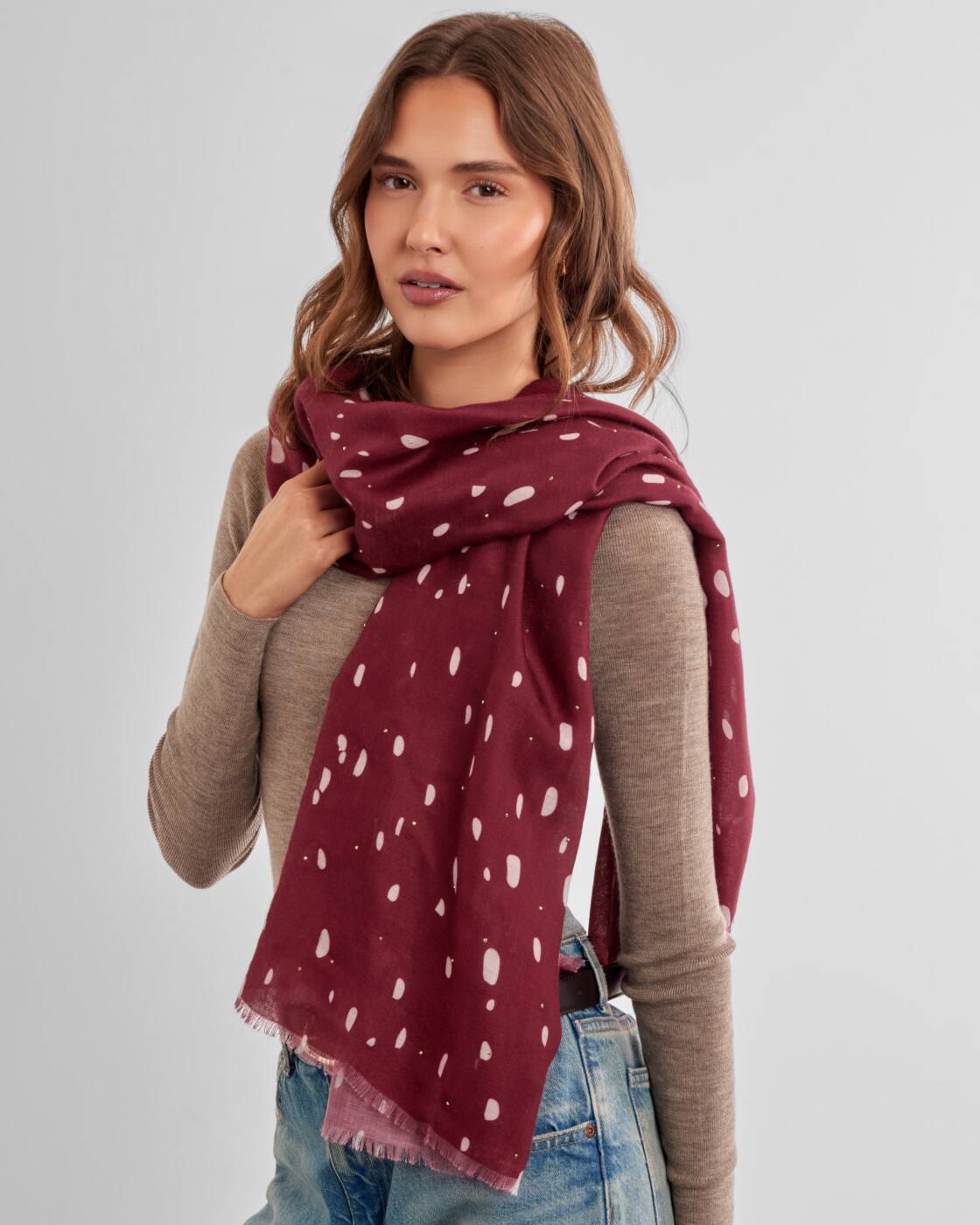 Katie Loxton Printed Studded Scarf Scattered Dots Burgundy White Gold Studs