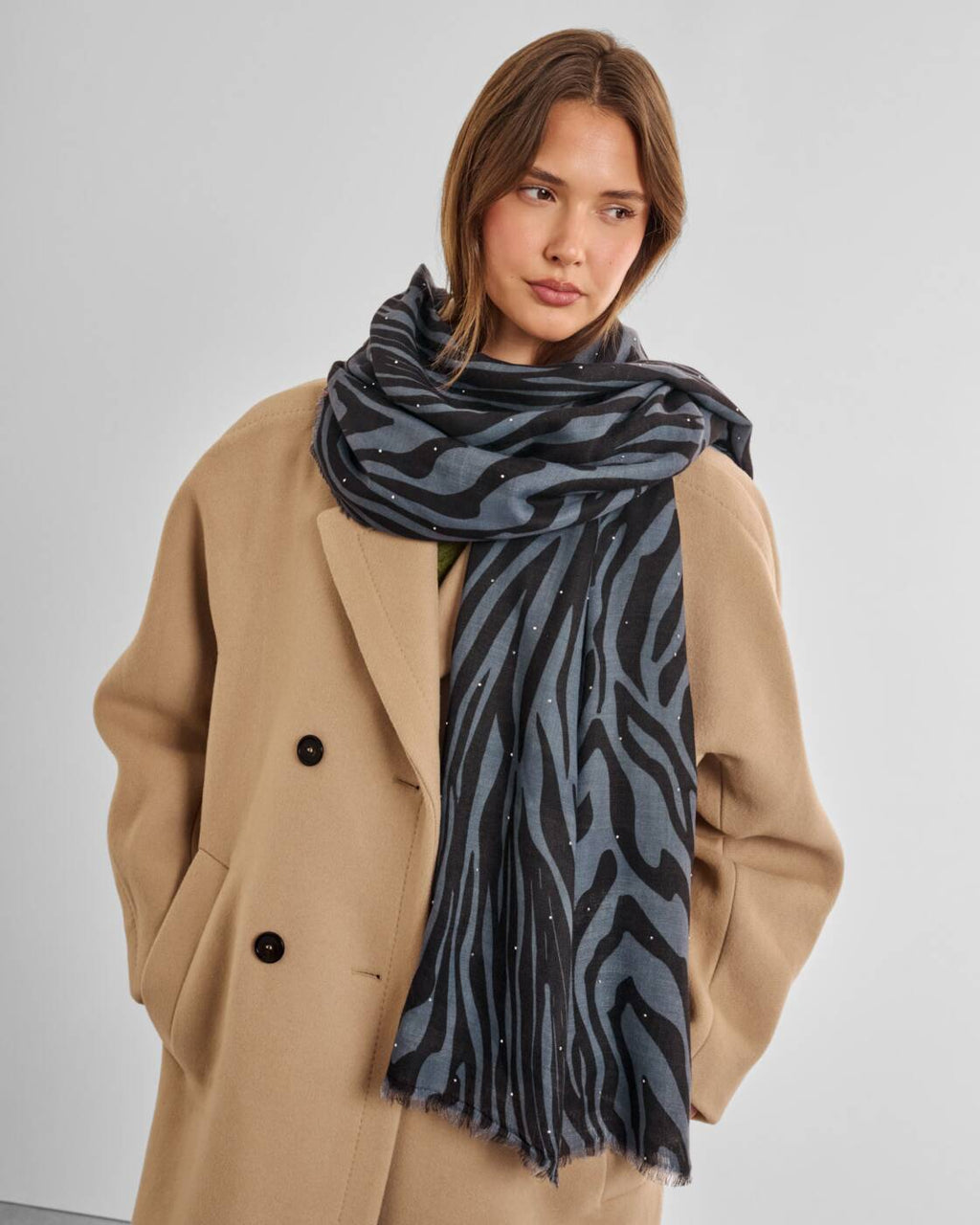 Katie Loxton Printed Studded Scarf Zebra Stripe Navy Black Silver Studs