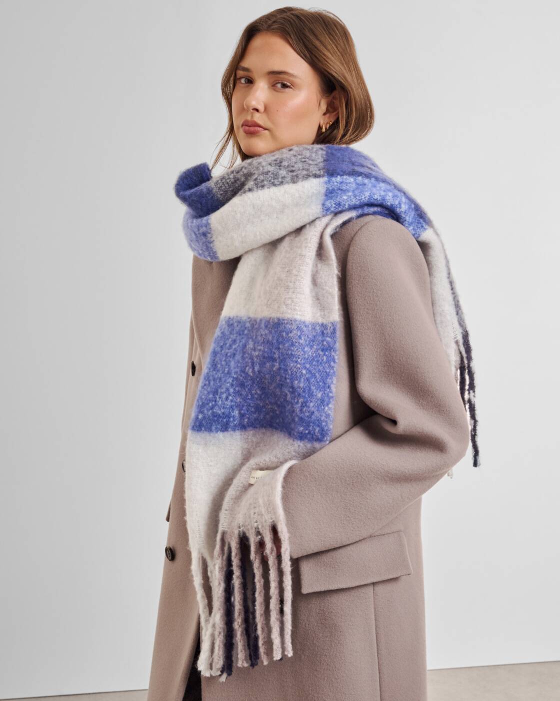 Katie Loxton Recycled Checked Tassel Scarf Blue Grey