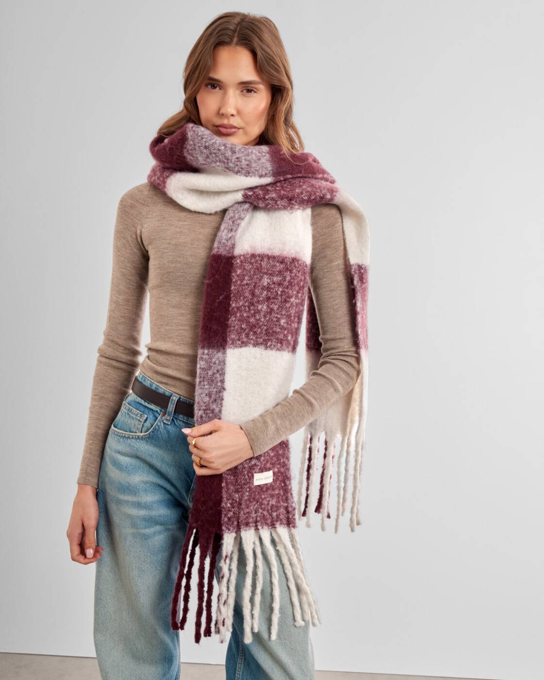 Katie Loxton Recycled Checked Tassel Scarf Cherry Off White