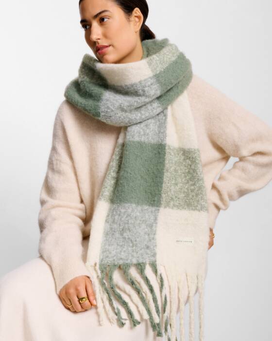 Katie Loxton Recycled Checked Tassel Scarf Graphite Green/ Off White