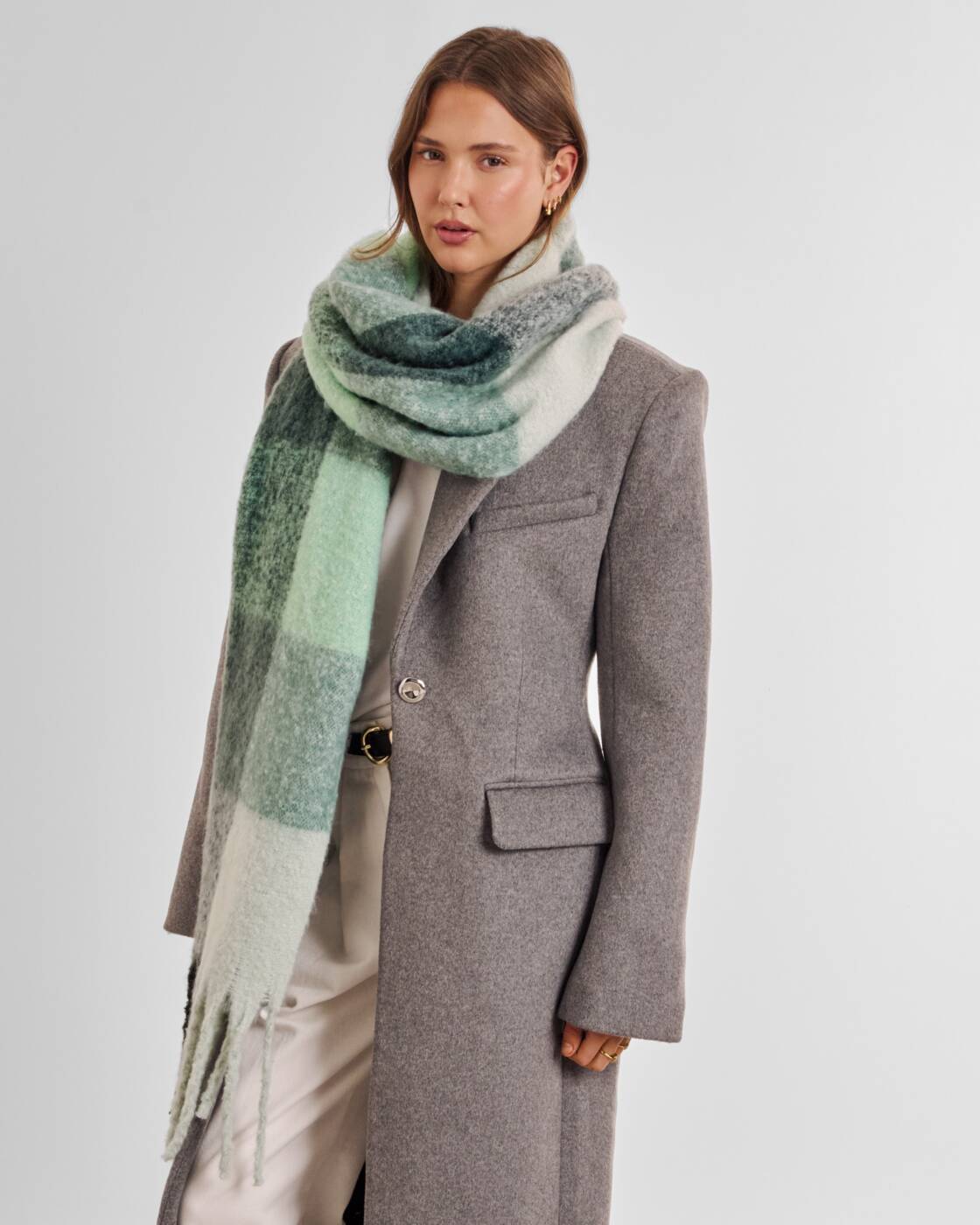 Katie Loxton Recycled Checked Tassel Scarf Green Grey