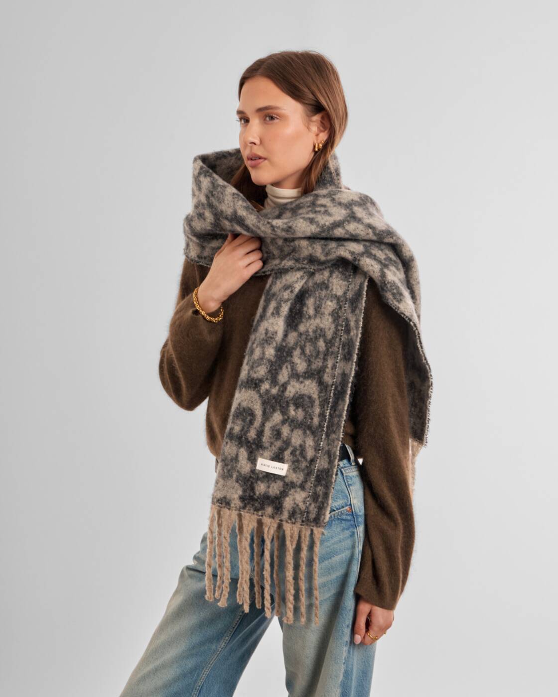 Katie Loxton Recycled Checked Tassel Scarf Taupe Chocolate Animal