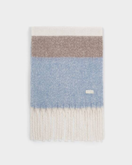 Katie Loxton Recycled Striped Tassel Scarf Blue/ Mink/ Off White
