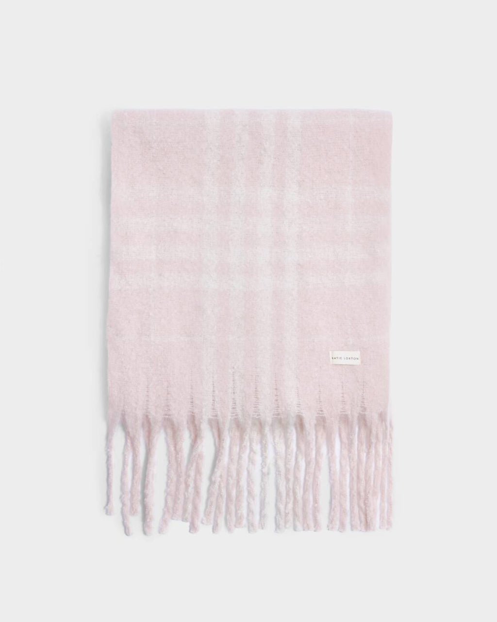 Katie Loxton Recycled Striped Tassel Scarf Blush Pink White Plaid