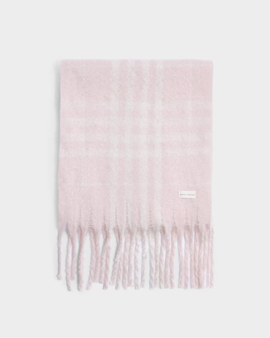Katie Loxton Recycled Striped Tassel Scarf Blush Pink White Plaid