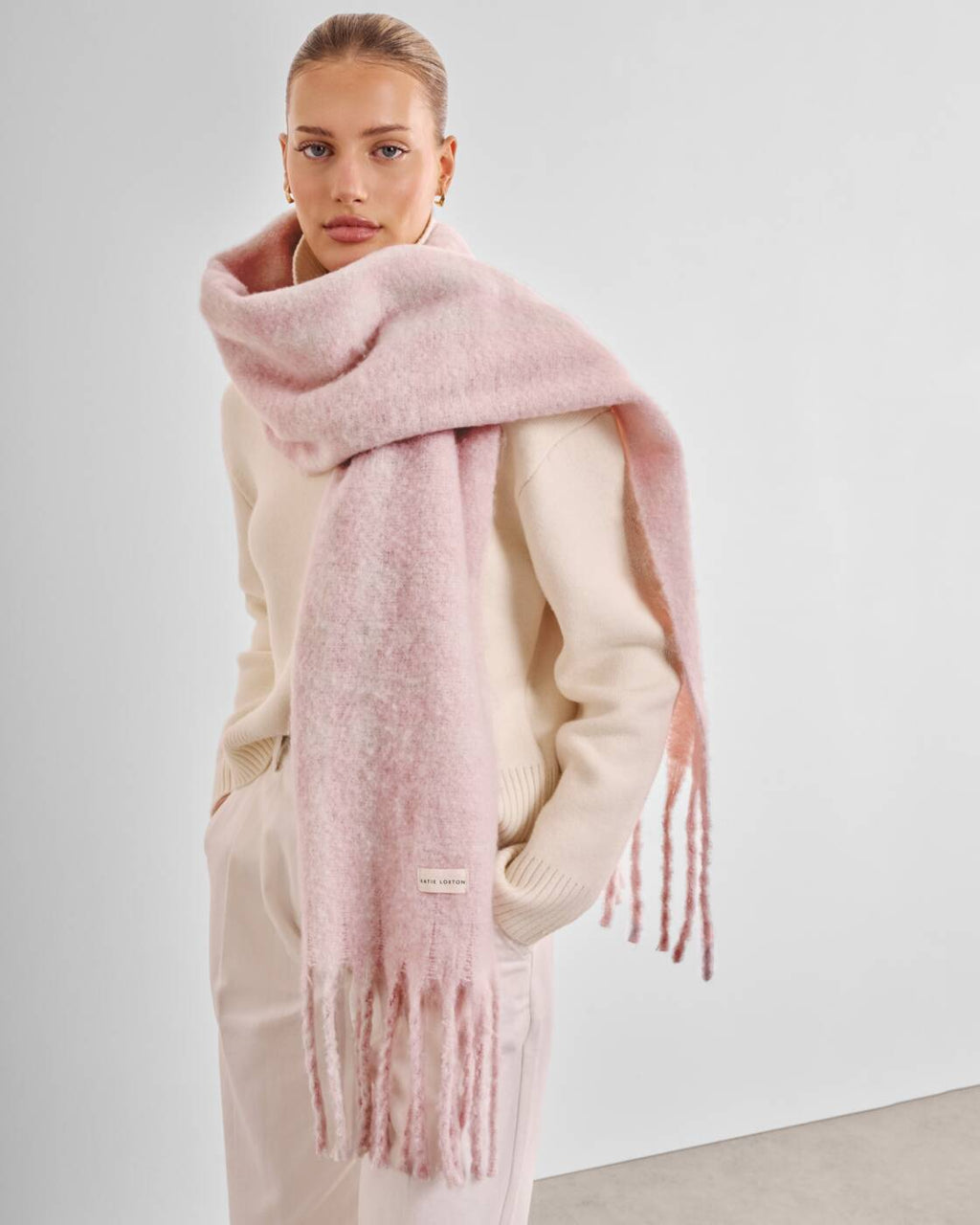 Katie Loxton Recycled Striped Tassel Scarf Blush Pink White Plaid