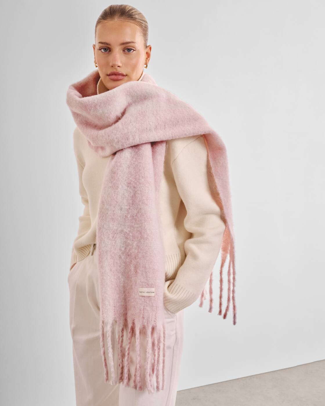 Katie Loxton Recycled Striped Tassel Scarf Blush Pink White Plaid
