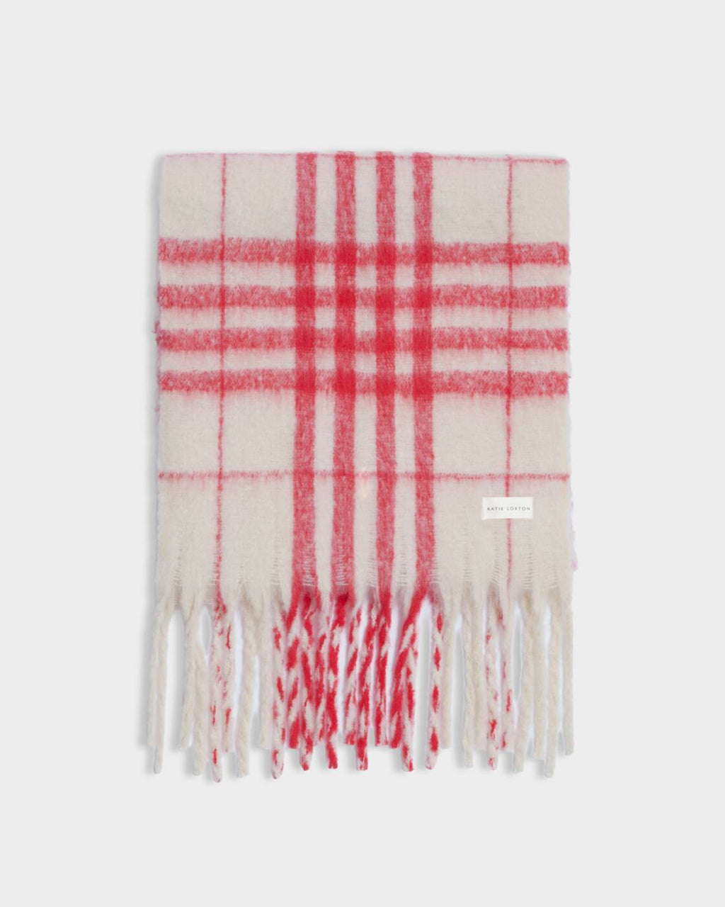 Katie Loxton Recycled Striped Tassel Scarf Off White Red Plaid