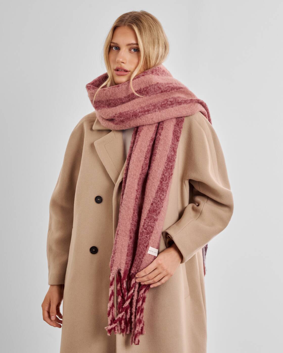 Katie Loxton Recycled Striped Tassel Scarf Pink Cherry