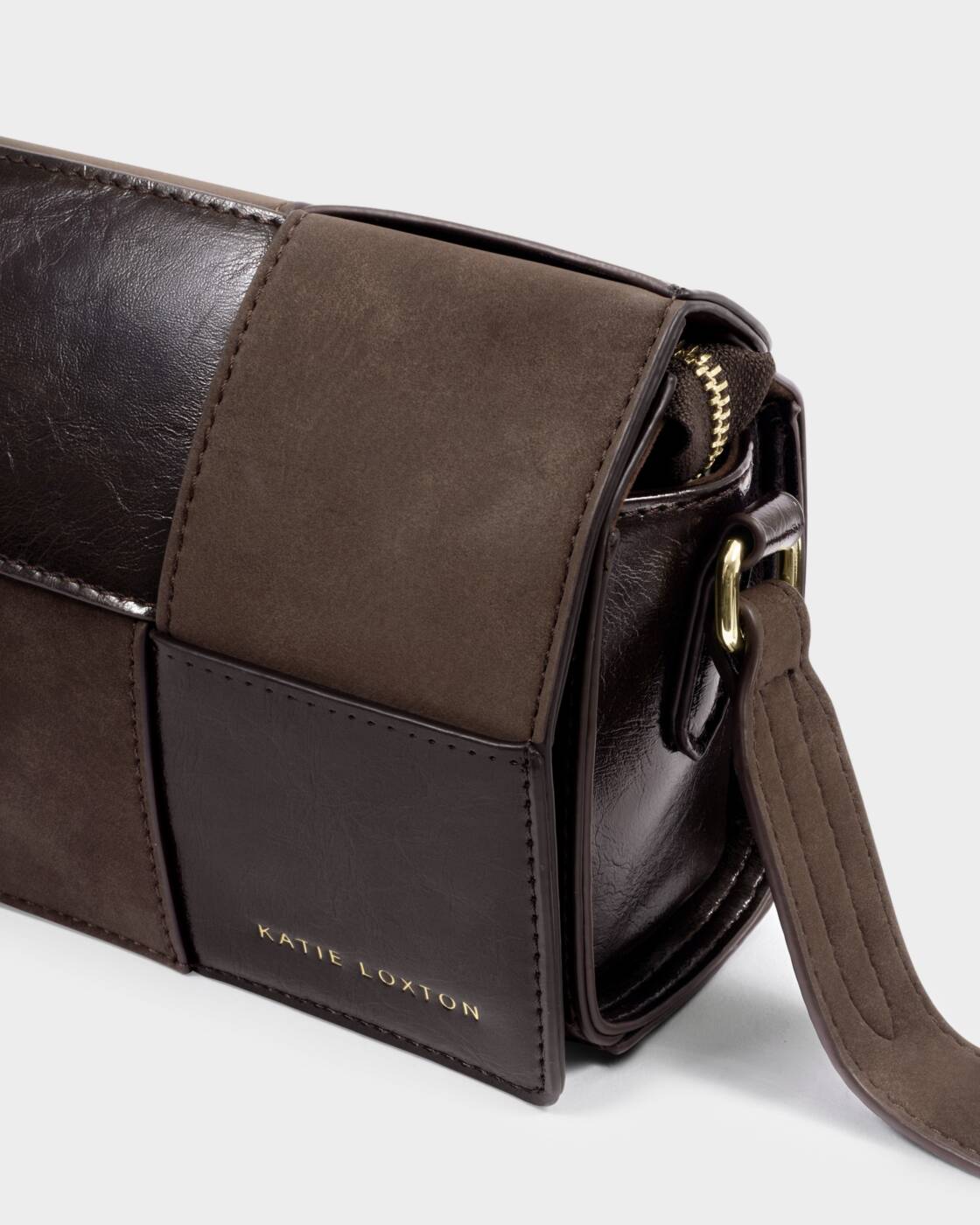 Katie Loxton Taya Crossbody Bag Bitter Chocolate Patent Crackle Suedette