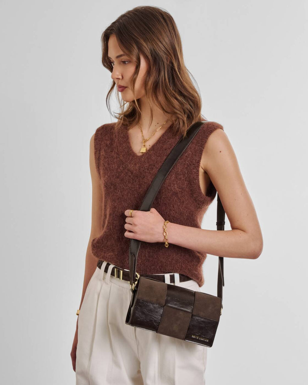 Katie Loxton Taya Crossbody Bag Bitter Chocolate Patent Crackle Suedette