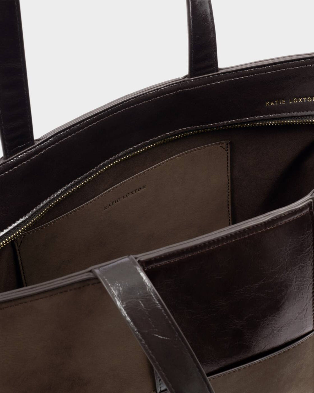 Katie Loxton Taya Woven Tote Bag Bitter Chocolate Patent Crackle Bitter Chocolate Suedette