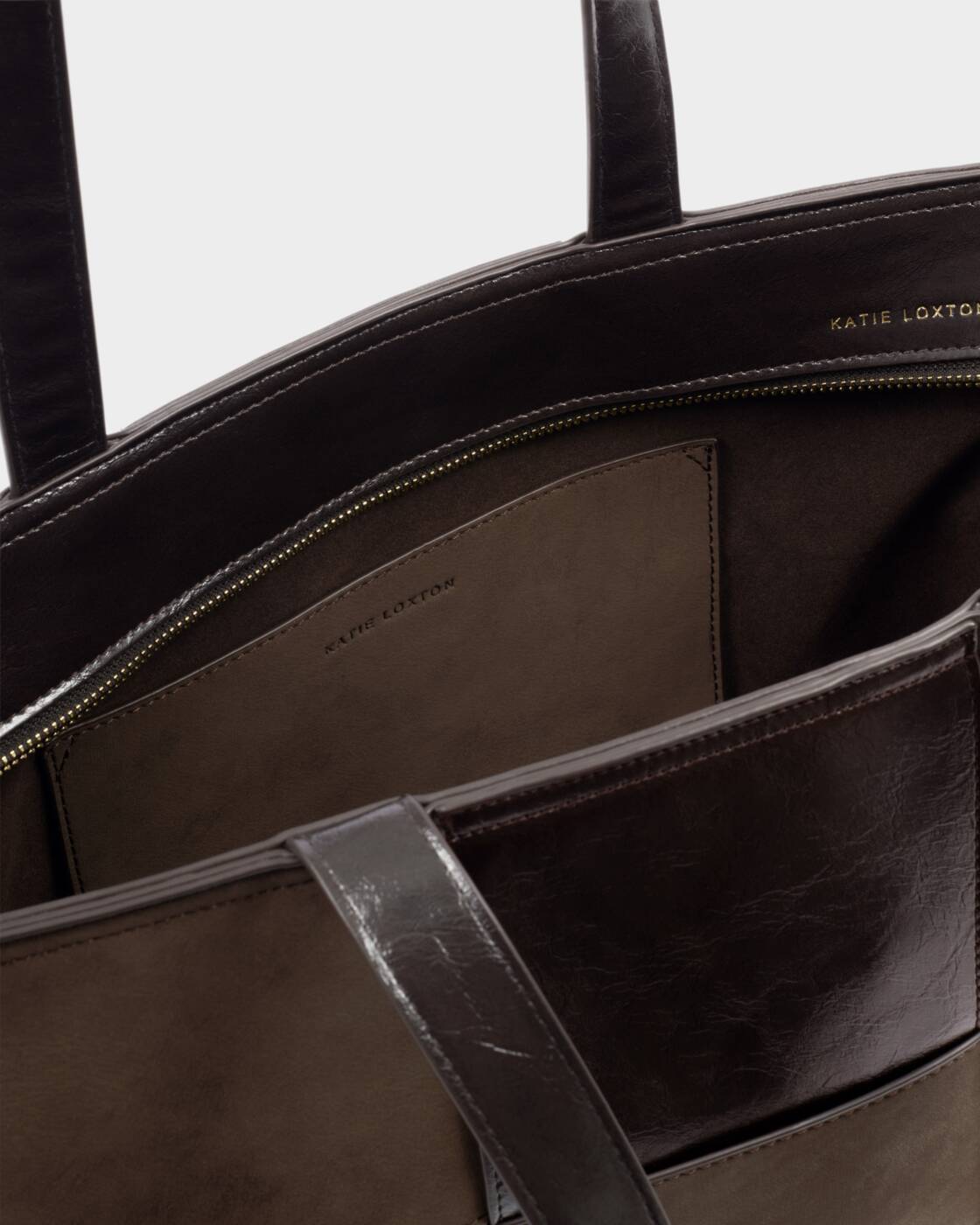 Katie Loxton Taya Woven Tote Bag Bitter Chocolate Patent Crackle Bitter Chocolate Suedette