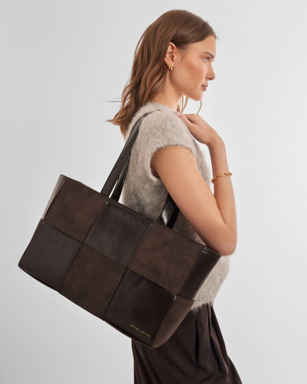 Katie Loxton Taya Woven Tote Bag Bitter Chocolate Patent Crackle Bitter Chocolate Suedette