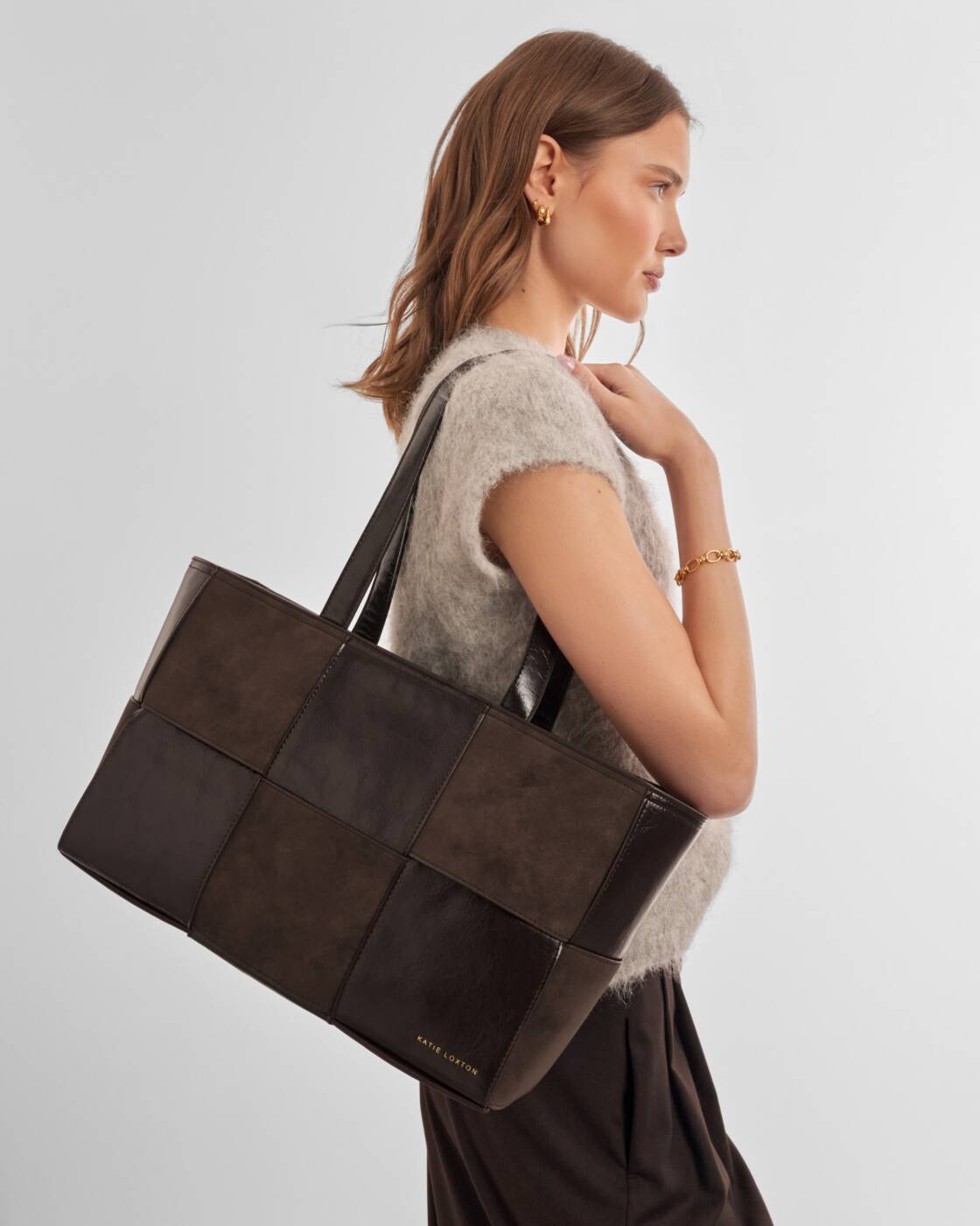 Katie Loxton Taya Woven Tote Bag Bitter Chocolate Patent Crackle Bitter Chocolate Suedette