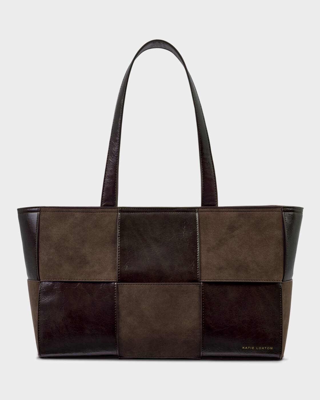 Katie Loxton Taya Woven Tote Bag Bitter Chocolate Patent Crackle Bitter Chocolate Suedette