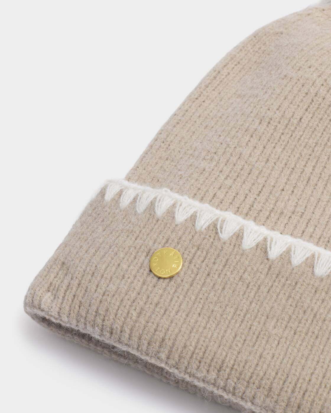 Katie Loxton Whipstitch Pom Pom Knitted Hat Taupe