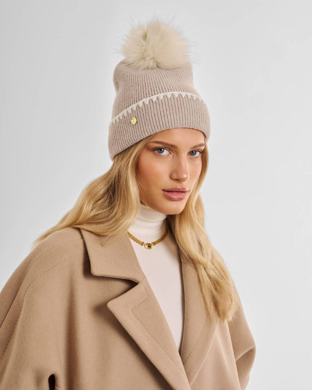 Katie Loxton Whipstitch Pom Pom Knitted Hat Taupe