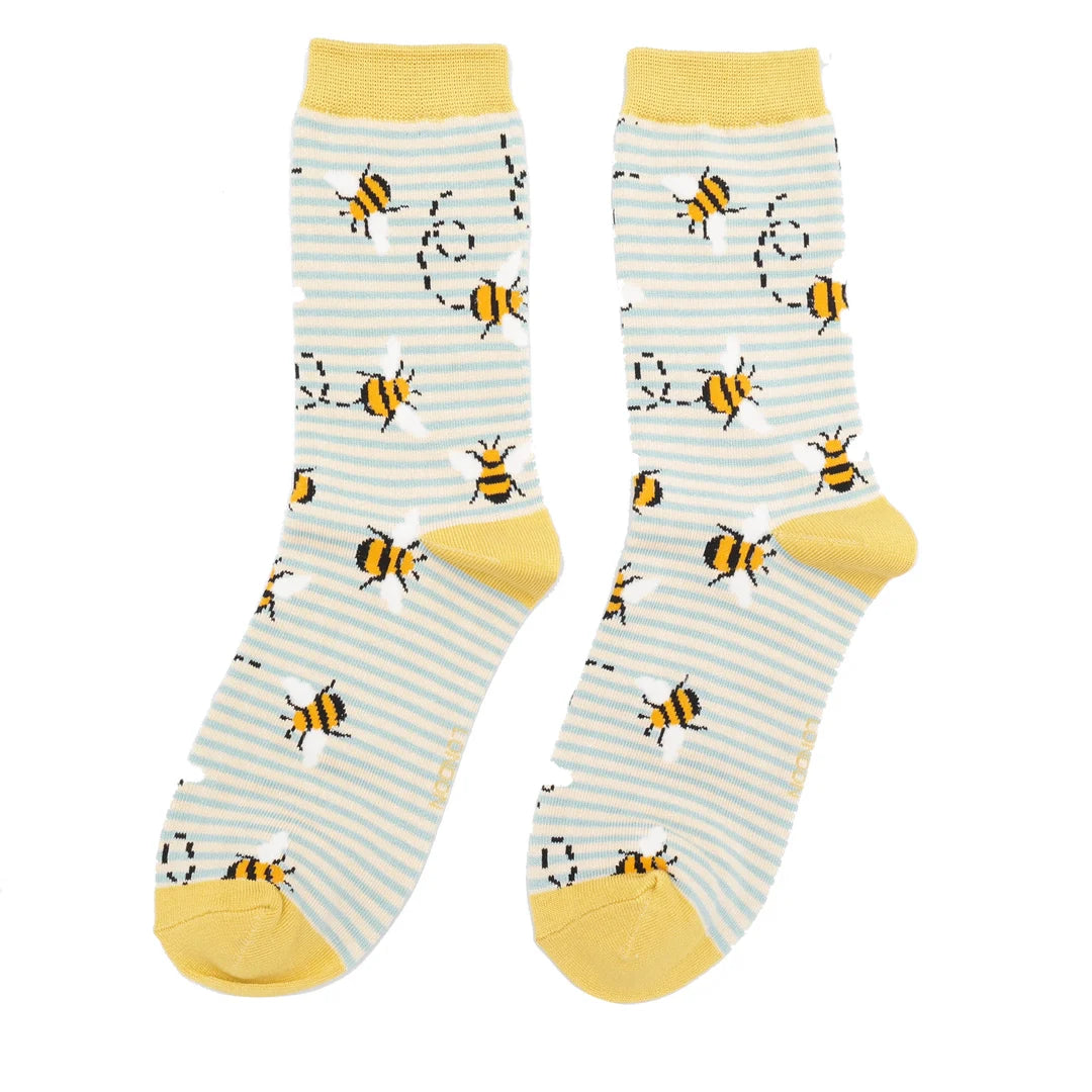 Miss Sparrow Bees Stripes Duck Egg & Cream Socks