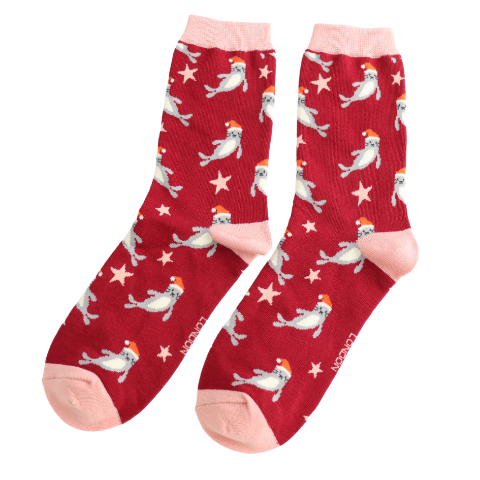 Miss Sparrow Santa Seals Socks Red