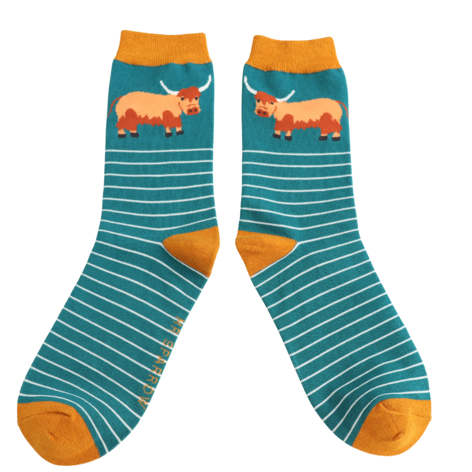 Mr Sparrow Highland Cow & Stripes Socks Teal