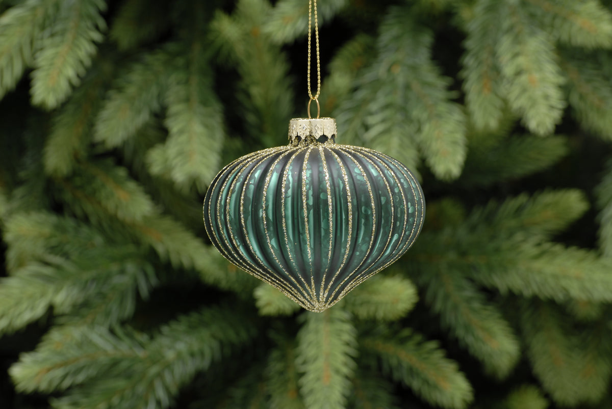 Green With Gold Glitter Ridged Glass Onion Christmas Treet Decoration