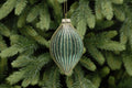 Green With Gold Glitter Ridged Glass Olive Christmas Tree Decoration