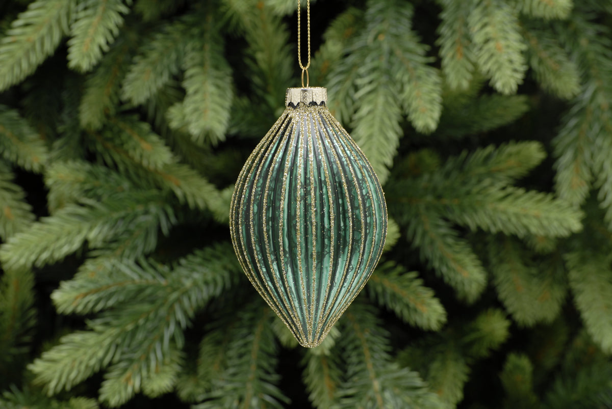 Green With Gold Glitter Ridged Glass Olive Christmas Tree Decoration