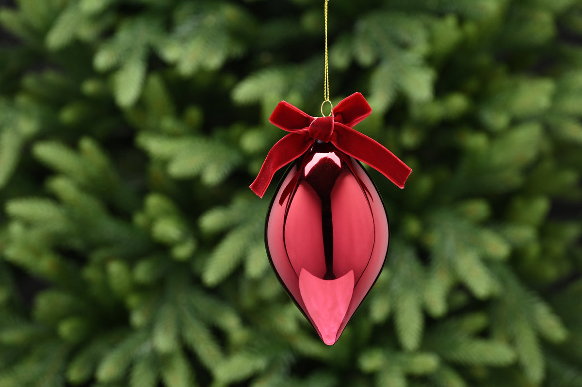 Shiny Burgundy Glass Drop With Bow Top Christmas Tree Decoration