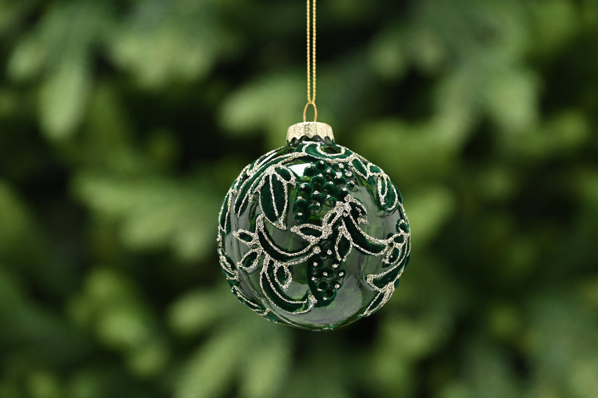 Green Glass Ball Flocked Petals Christmas Tree Decoration