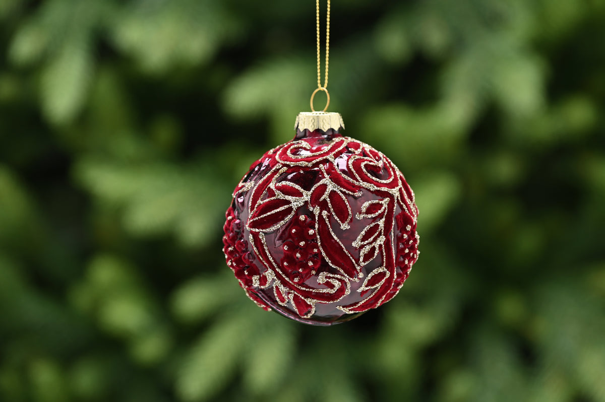 Burgundy Glass Ball Flocked Petals Christmas Tree Decoration