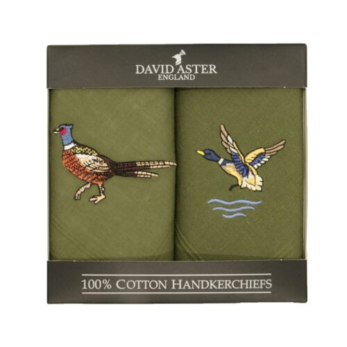 Pheasant & Duck Embroidered Green Cotton Handkerchiefs.