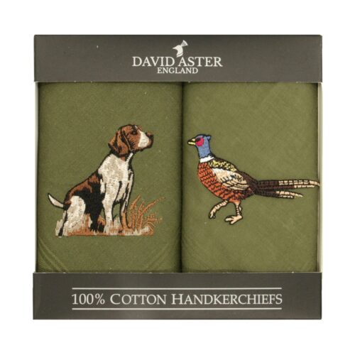 Pheasant & Hound Embroidered Green Cotton Handkerchiefs.