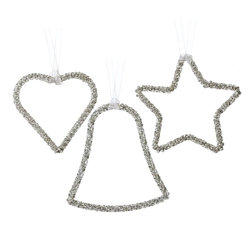 Sparkle Hanging Christmas Decoration Heart Star Bell Silver