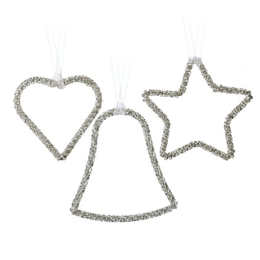 Sparkle Hanging Christmas Decoration Heart Star Bell Silver