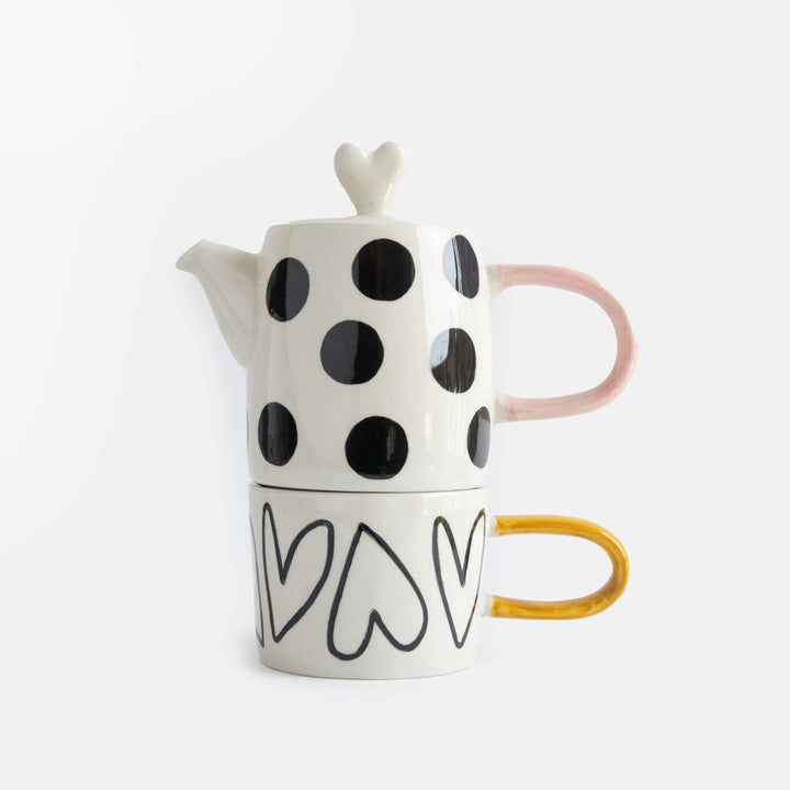 Mono Spots and Heart Ceramic Teapot & Mug Set